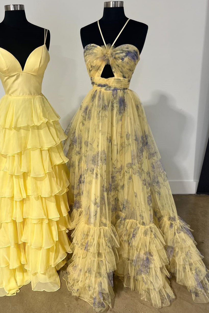 Rita | Rosa bedrucktes Neckholder-A-Linien-Ballkleid mit Schlüsselloch