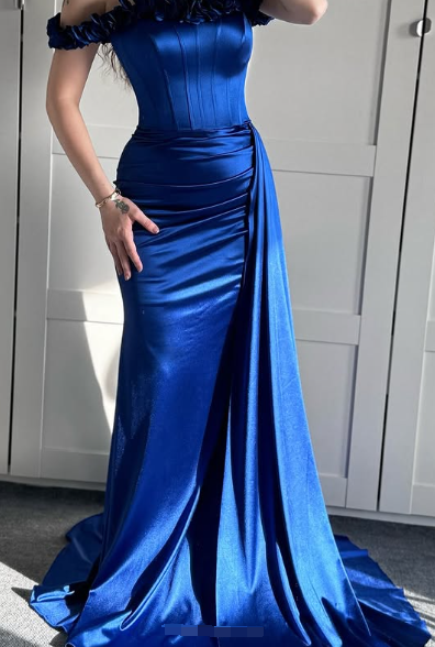 Blaues schulterfreies Meerjungfrau-Abendkleid, formelles Ballkleid Y7842