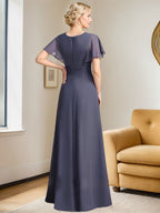 Vestido de gasa para madre de la novia con corte en A, escote redondo y largo hasta el suelo, con cuentas plisadas