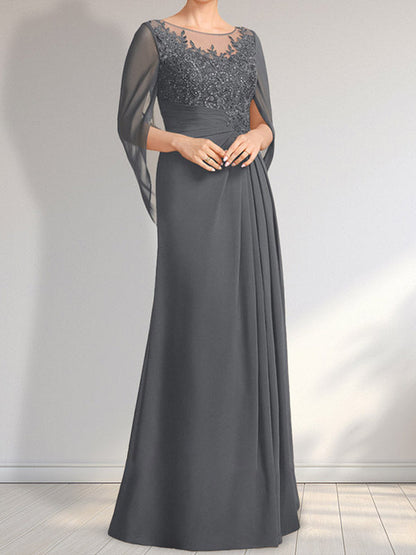 Vestido de gasa con encaje, ilusión, corte A, largo hasta el suelo, para madre de la novia con lentejuelas plisadas