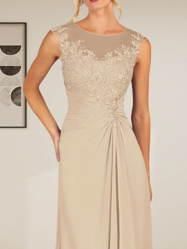 Vestido de gasa con encaje y escote redondo en forma de A color champán