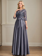 Vestido de madre de la novia de satén con encaje, corte A, escote ilusión, largo hasta el suelo, con lazo de lentejuelas