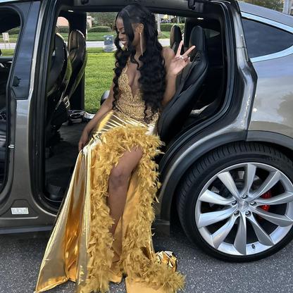 Luxuriöses Abendkleid aus Satin mit Perlen und Federn, langer Schlitz, Ballkleid Y7948