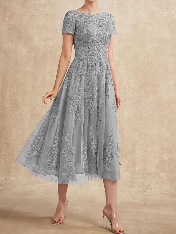 Vestido de madre de la novia de tul con encaje y corte en A, largo hasta la rodilla