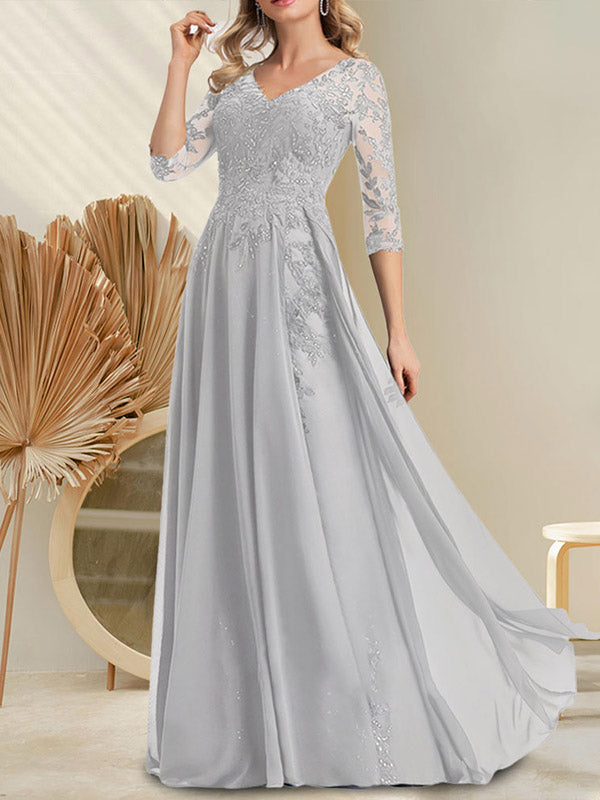 Vestido de madre de la novia de gasa con encaje, escote en V y lentejuelas, largo hasta el suelo
