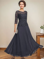 Vestido de gasa con encaje y escote en A, ilusión, largo hasta los tobillos, para madre de la novia con cuentas de diamantes de imitación