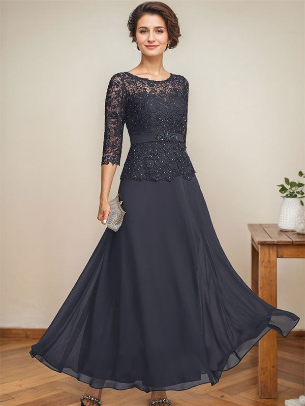 Vestido de gasa con encaje y escote en A, ilusión, largo hasta los tobillos, para madre de la novia con cuentas de diamantes de imitación