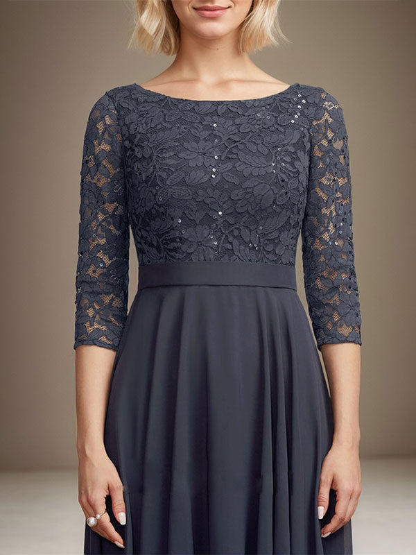 Vestido de gasa con encaje y lentejuelas para madre de la novia, corte A, escote redondo y largo hasta la rodilla