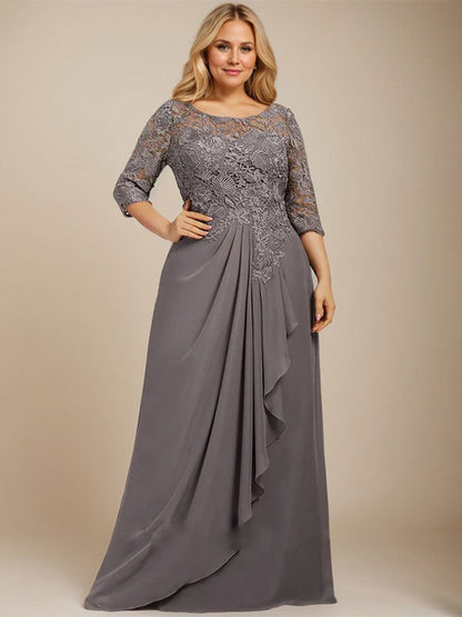 Vestido de gasa con encaje, corte A, escote ilusión, largo hasta el suelo, para madre de la novia con volantes en cascada