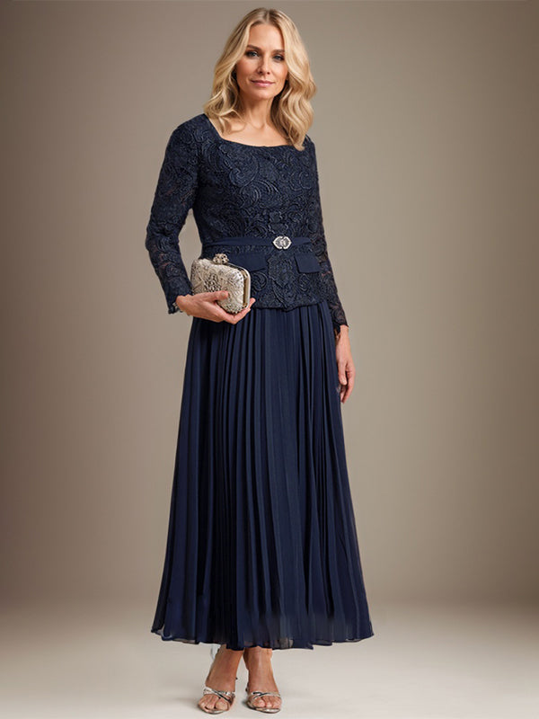 Vestido de gasa para madre de la novia con corte A, cuadrado, largo hasta los tobillos, con pliegues