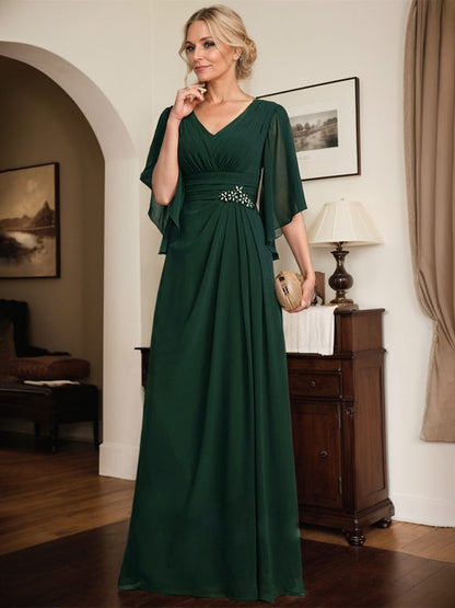 Etui-Linie/Säule V-Ausschnitt Bodenlang Chiffon Kleid für die Brautmutter mit Plissee Pailletten Perlenbesatz