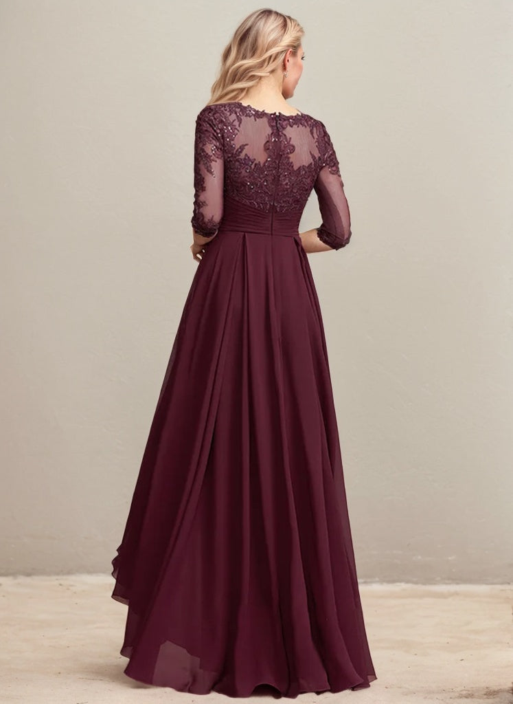 A-line Scoop Illusion Asymmetrical Lace Chiffon Mother of the Bride Dress With Pleated Sequins