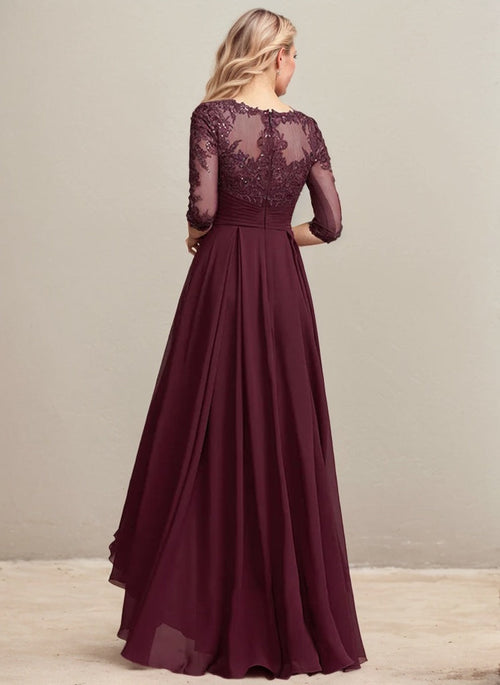 Vestido de madre de la novia de gasa con encaje asimétrico, ilusión de escote redondo y lentejuelas plisadas