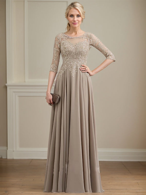 Vestido de gasa con encaje y lentejuelas para madre de la novia, corte A, escote ilusión, largo hasta el suelo