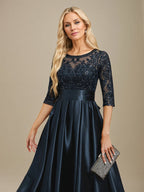 Vestido de madre de la novia de satén elástico con encaje, corte A, escote ilusión, largo hasta el suelo, con lazo y lentejuelas