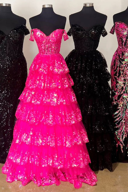 Leona | Vestido de fiesta de princesa con hombros descubiertos y encaje con lentejuelas