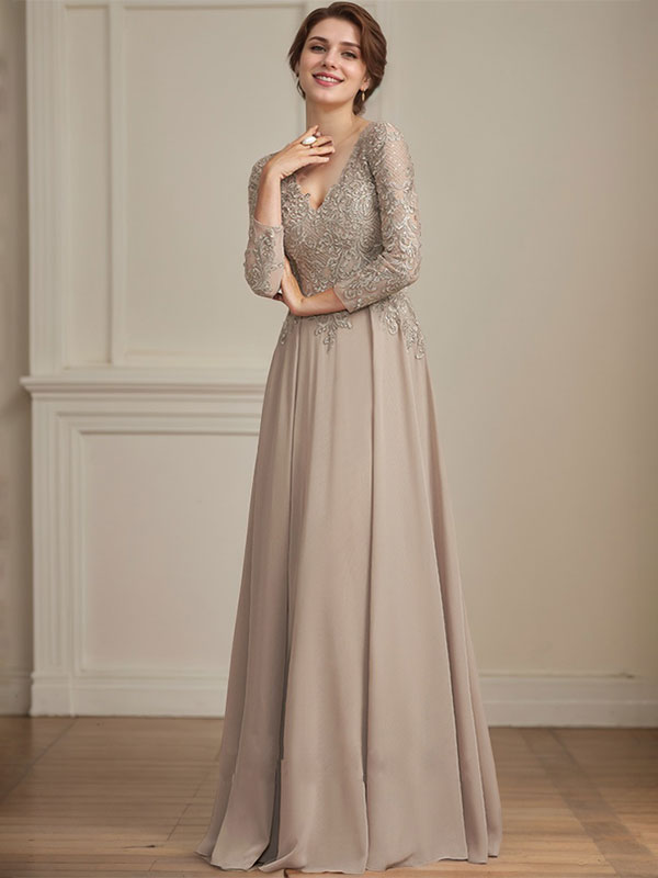 A-Linie V-Ausschnitt Bodenlanges Spitzen-Chiffon-Kleid für die Brautmutter mit Pailletten 