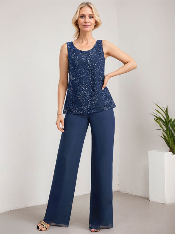 Vestido de madre de la novia de gasa con encaje, largo hasta el suelo, con lentejuelas y mono/pantalón separado
