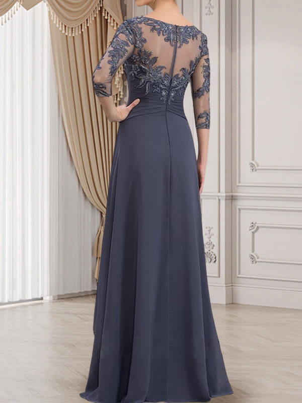 Vestido de gasa con encaje, corte A, escote ilusión, largo hasta el suelo, para madre de la novia con volantes en cascada