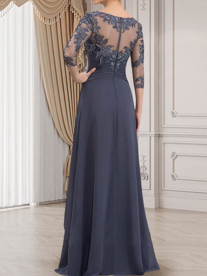 A-line Scoop Illusion Floor-Length Lace Chiffon Mother of the Bride Dress With Cascading Ruffles