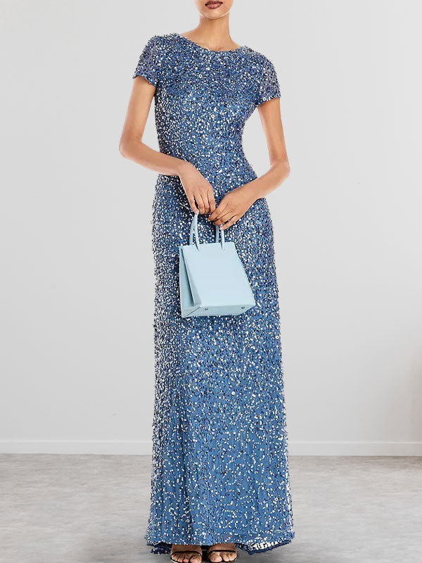 Vestido largo de madre de la novia con escote redondo y lentejuelas en azul polvoriento