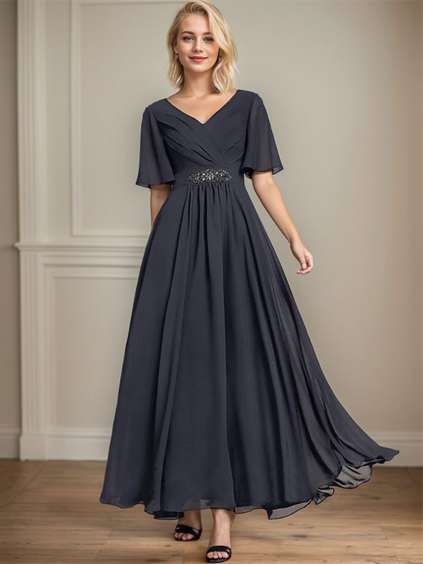 Vestido de gasa para madre de la novia con escote en V, largo hasta los tobillos, corte A y lentejuelas plisadas con cuentas