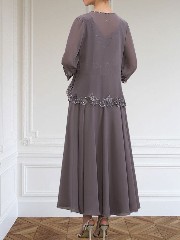 Vestido de gasa para madre de la novia, corte A, escote en V, largo hasta los tobillos, con apliques de lentejuelas, encaje y cuentas