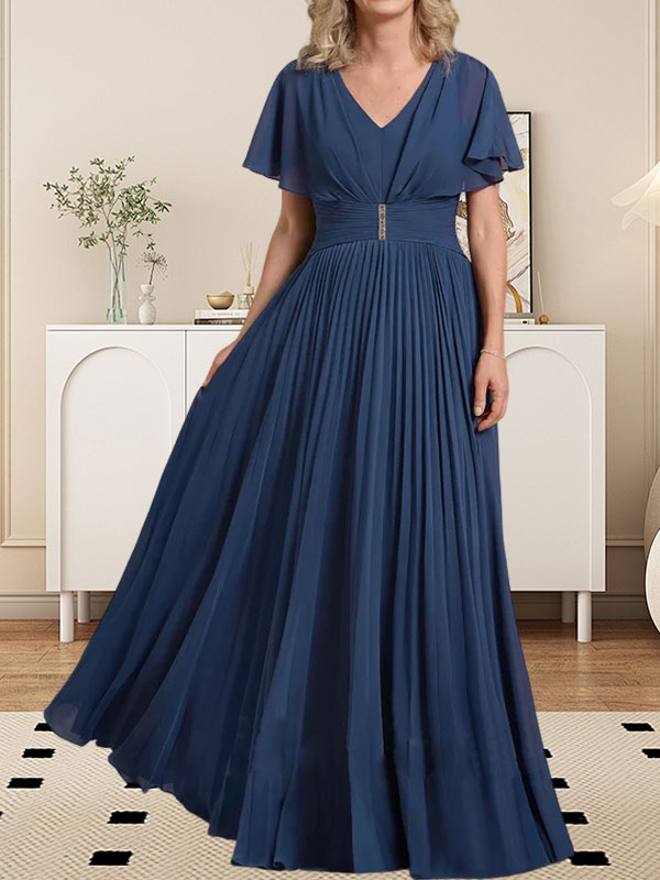 Vestido de gasa para madre de la novia, corte A, escote en V, largo hasta el suelo, con broche de cristal y plisado