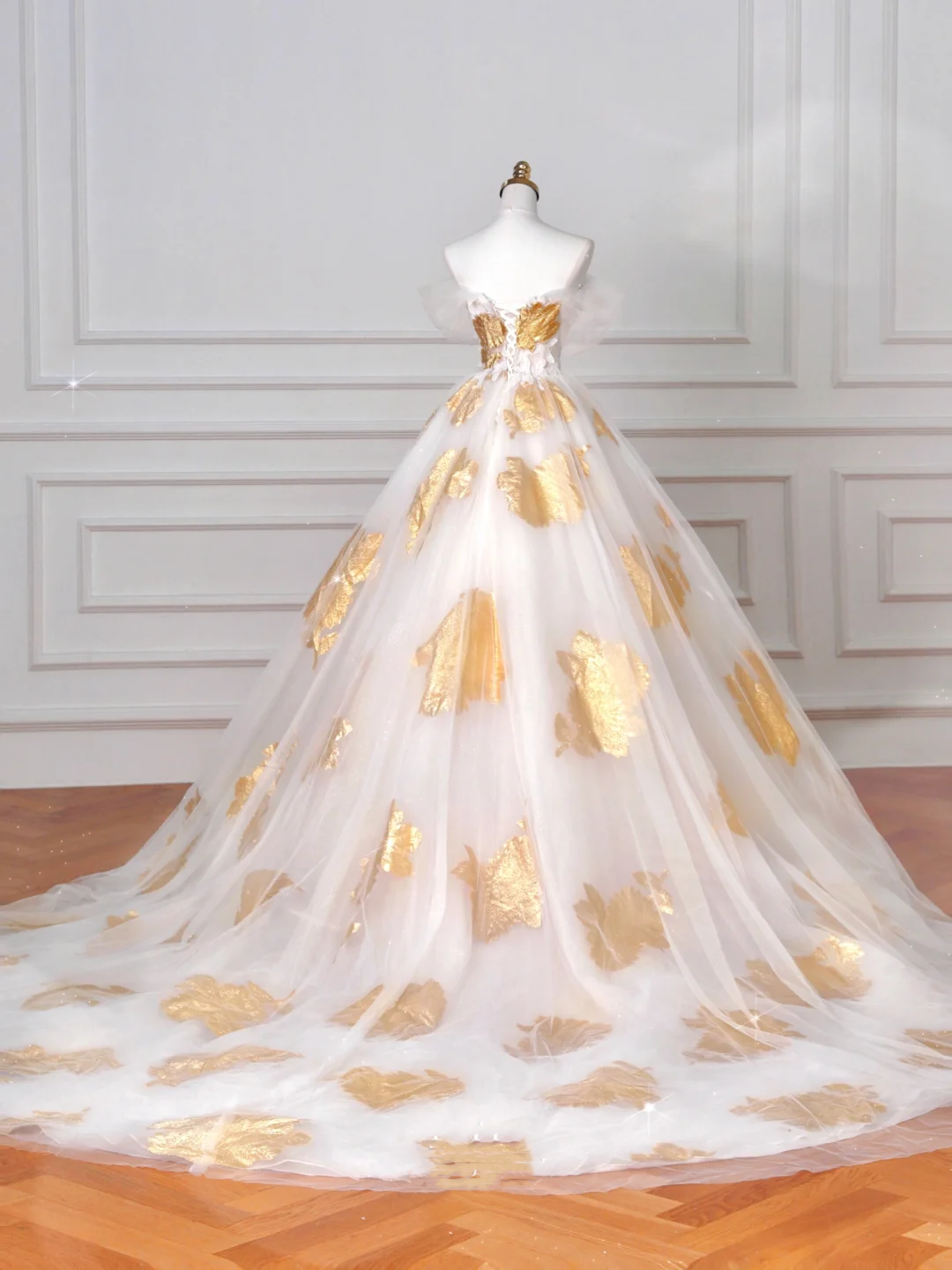Gorgeous Gold Print Tulle Off The Shoulder Ball Gown,A Line Prom Dress Evening Dress Y8618