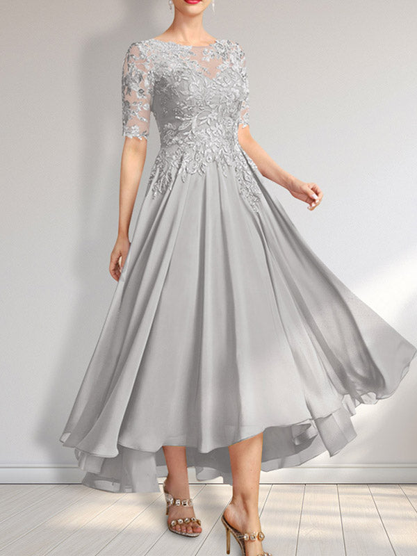 Vestido de madre de la novia de gasa asimétrica con encaje, ilusión, corte A y lentejuelas