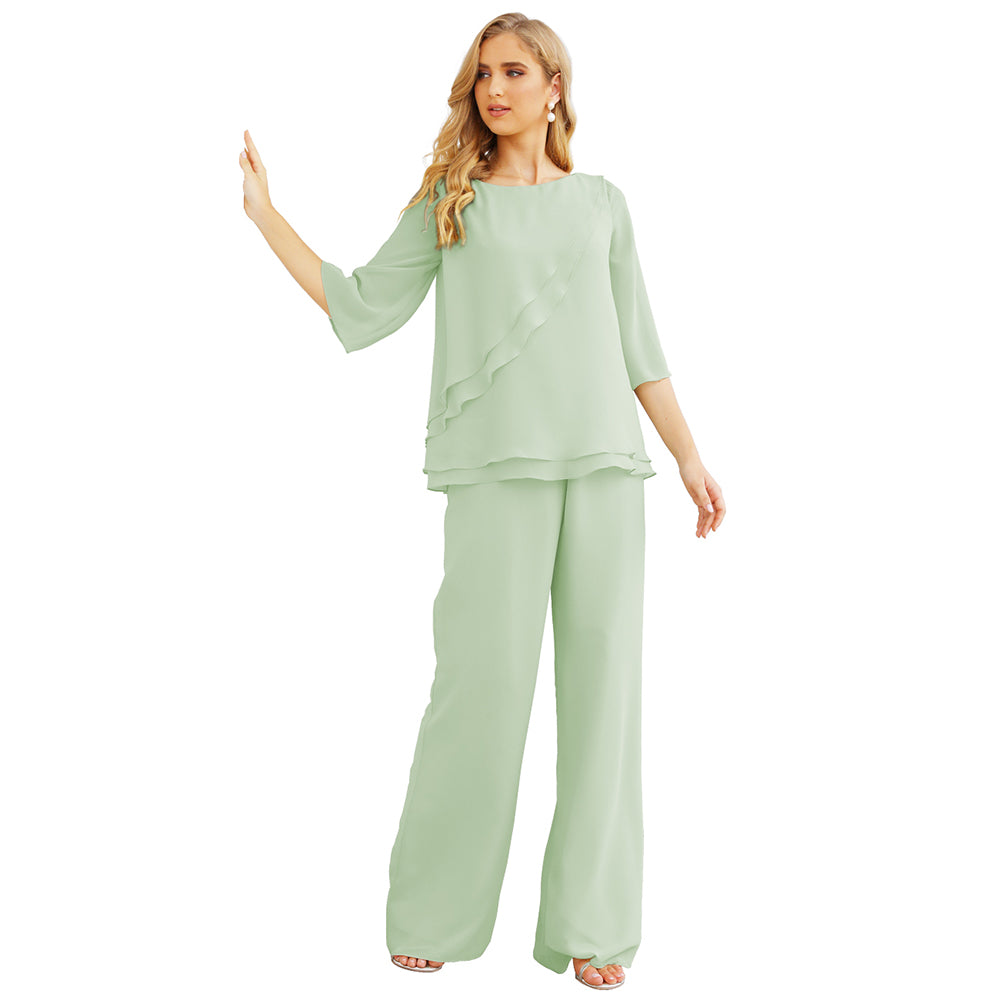 Sunnderly Chiffon Mother of The Bride Dress Plus Size Pant Suits Ruffle Layers