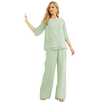 Sunnderly Chiffon Mother of The Bride Dress Plus Size Pant Suits Ruffle Layers