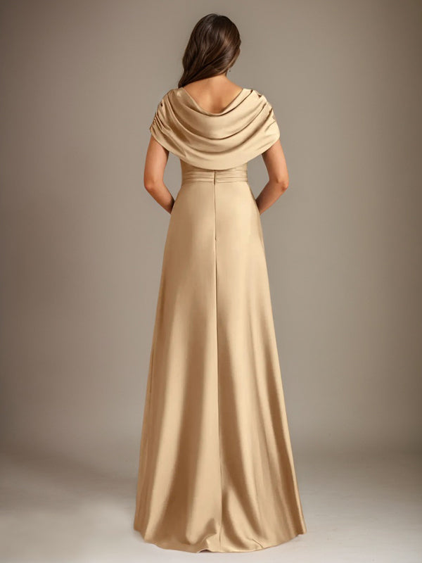 Vestido de madre de la novia de satén elástico, corte A, largo hasta el suelo, con escote redondo y volantes en cascada