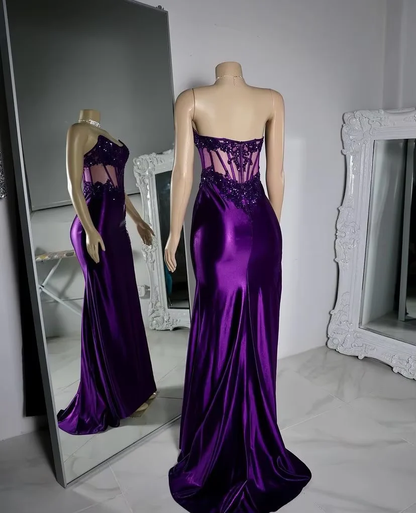 Lila Trägerloses Satin Spitzenapplikationen Prom Party Kleid Meerjungfrau Sexy Split Abendkleid Y8121