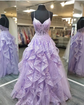 Vestidos de fiesta lilas con tirantes finos y escote transparente Y881