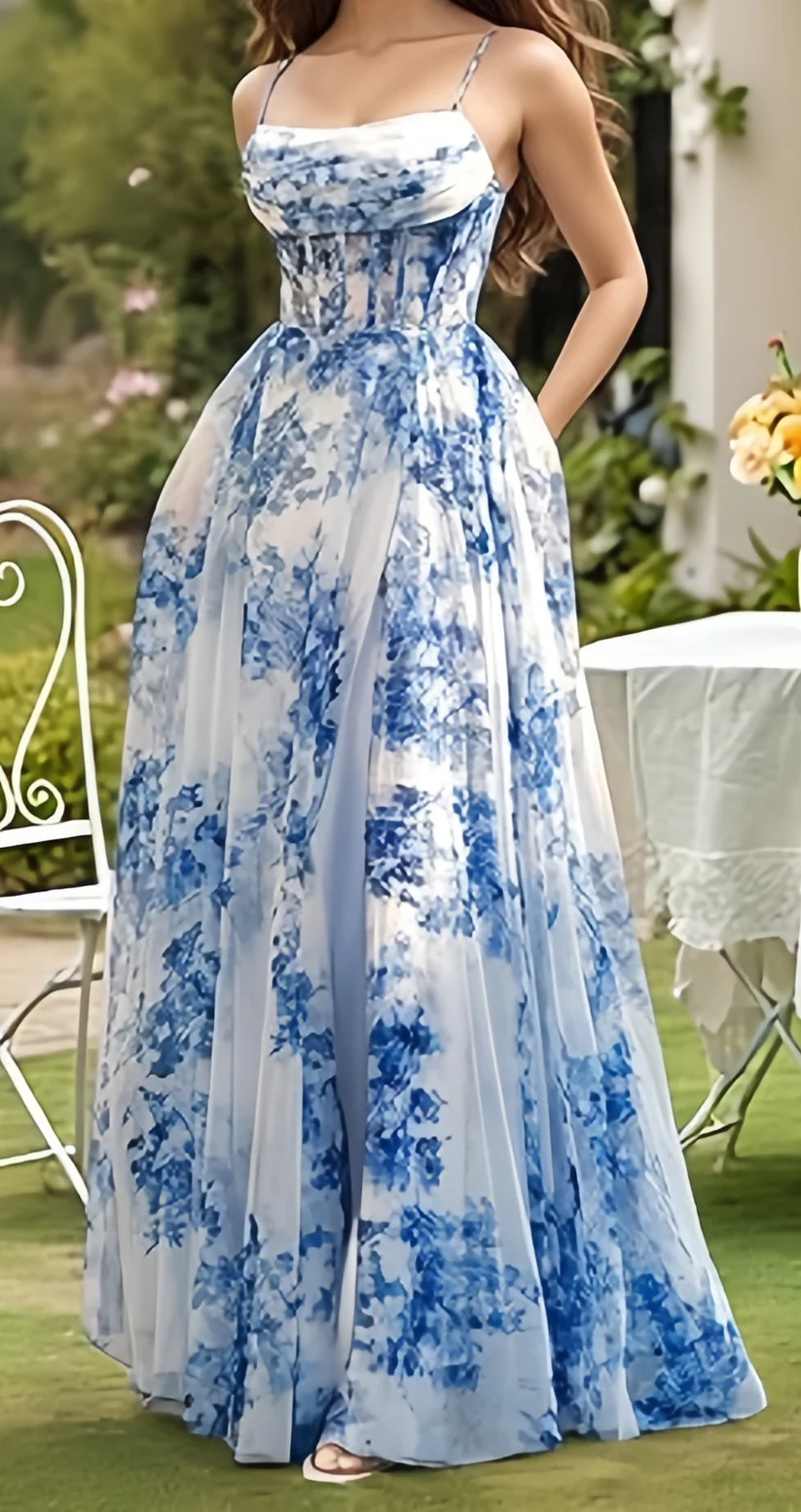 Glamouröses blaues Chiffon-Print-Ballkleid mit Blumenschlitz und Spaghettiträgern, Abendkleid Y8277