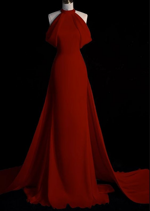 Vestido de noche estilo sirena con escote halter y cola color burdeos Y6987