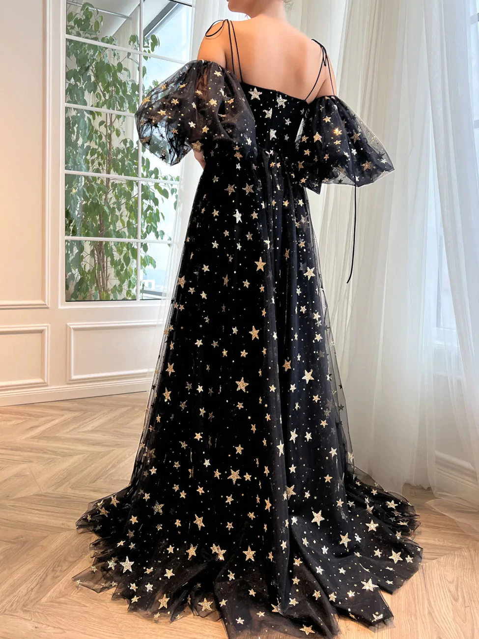 A-Linie Tüll Schwarzes Langes Ballkleid, Schwarzes Tüll Abendkleid Y248