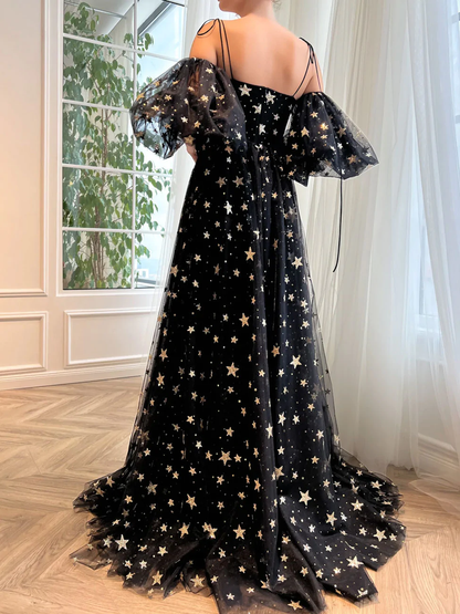 A-Linie Tüll Schwarzes Langes Ballkleid, Schwarzes Tüll Abendkleid Y248