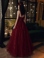 Weinrote Blumenspitze und Tüll Langes Abendkleid Partykleid Burgunderrot Abendkleider Y1661