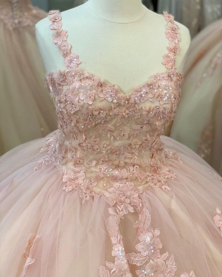 Vestido de quinceañera de tul dulce de 16 pulgadas con encaje rosa y flores brillantes para fiesta de graduación Y3027