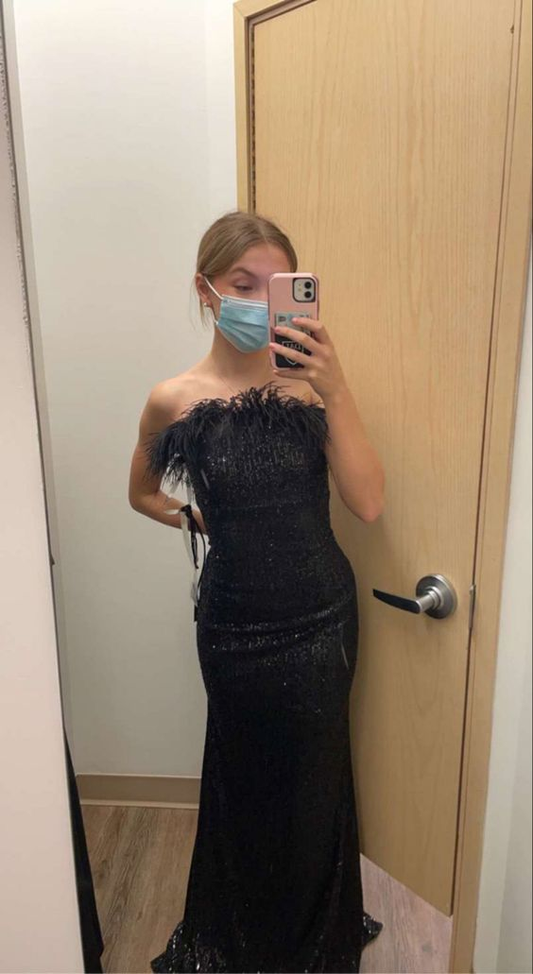 Trägerloses Meerjungfrau-Abendkleid, lang, bezaubernd, schwarz, Y421
