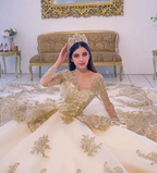 Vestidos de quinceañera con volantes color champán, apliques de lentejuelas y cuentas, manga larga, vestido formal de princesa para fiesta de graduación Y4952