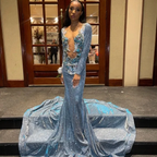Wunderschönes blaues Satin-Abendkleid mit Perlenapplikationen, sexy, rückenfreies Meerjungfrau-Abendkleid Y7949