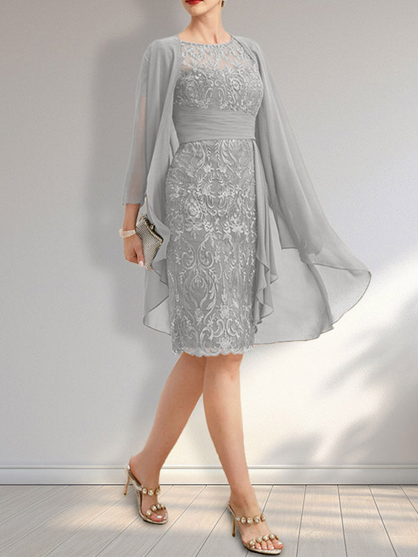 Vestido de madre de la novia de gasa con encaje, escote redondo, ilusión, largo hasta la rodilla, con volantes en cascada y lentejuelas