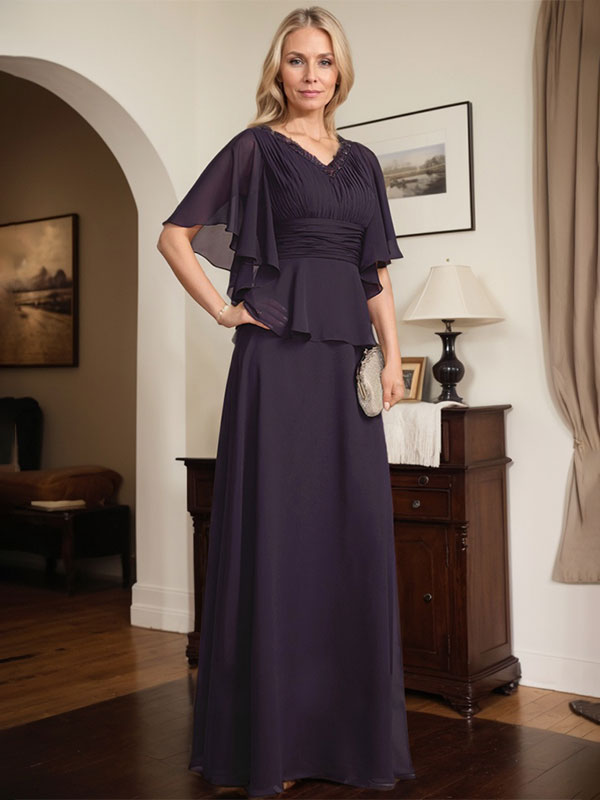 A-Linien-Kleid aus Chiffon mit V-Ausschnitt und bodenlangem Schnitt für die Brautmutter mit plissierten Perlen