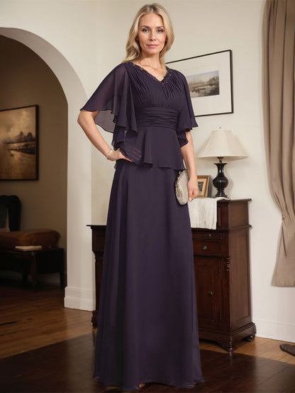 A-Linien-Kleid aus Chiffon mit V-Ausschnitt und bodenlangem Schnitt für die Brautmutter mit plissierten Perlen