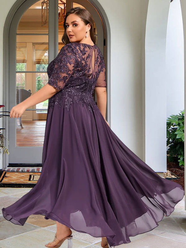 Vestido de madre de la novia de gasa asimétrica con encaje, ilusión, corte A y lentejuelas