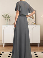 Vestido de gasa con encaje y lentejuelas para madre de la novia, corte A, escote ilusión, largo hasta el suelo