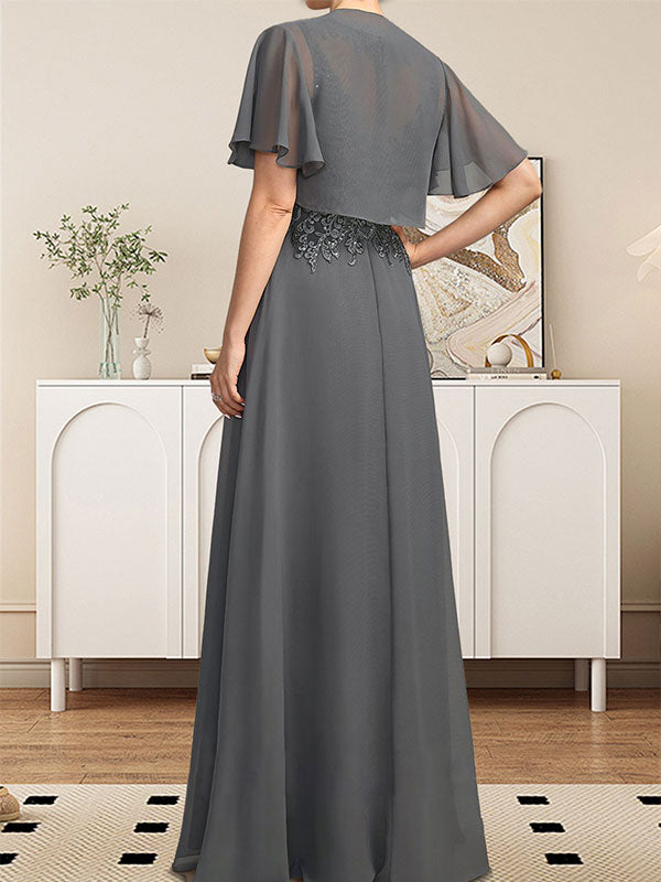 Vestido de gasa con encaje y lentejuelas para madre de la novia, corte A, escote ilusión, largo hasta el suelo